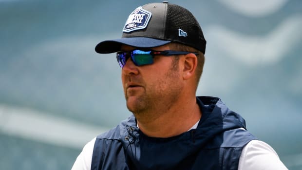 Titans general manager Jon Robinson watches practice at Saint Thomas Sports Park Thursday, May 27, 2021 in Nashville, Tenn.